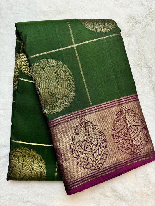 Green checks Kanchipuram pure zari silk saree