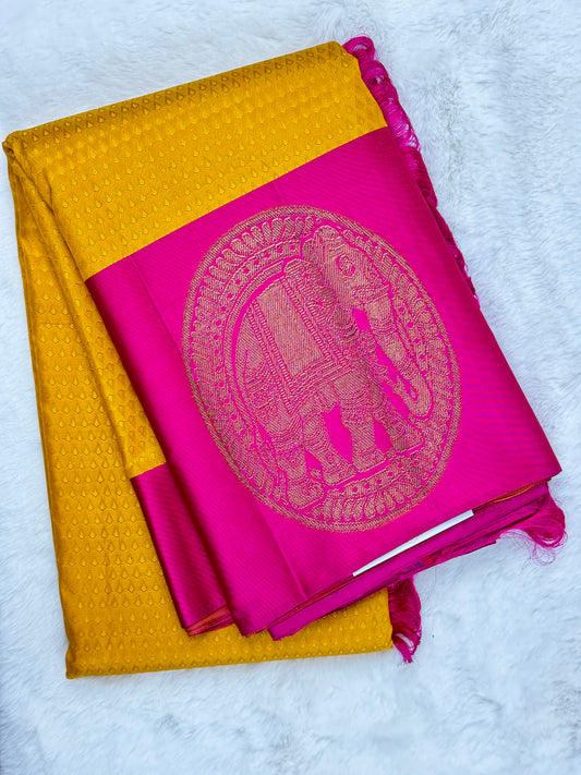 Yellow with Pink border Kanchipuram pure zari silk saree