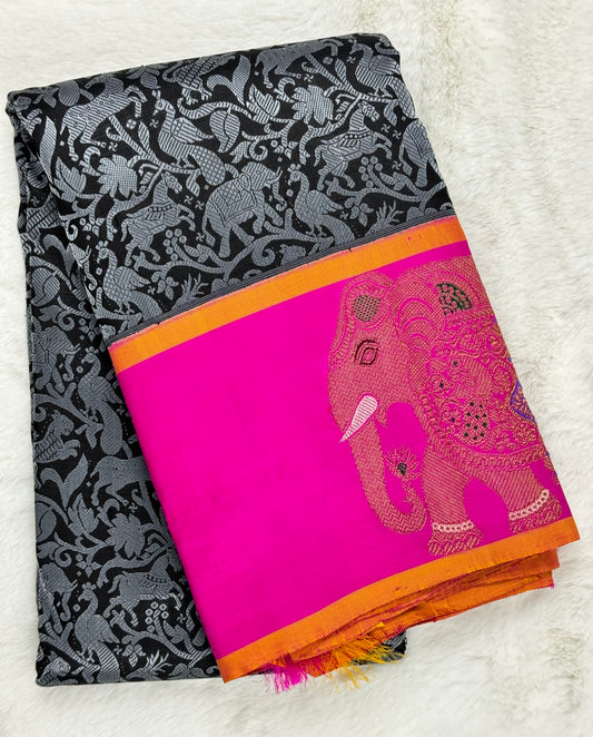 Black with elephant border Kanchipuram pure zari silk saree