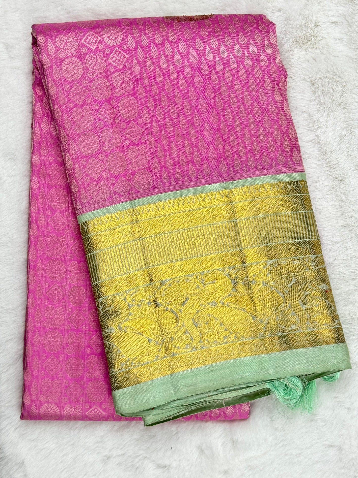 Pink with pastel green Kanchipuram pure zari silk saree