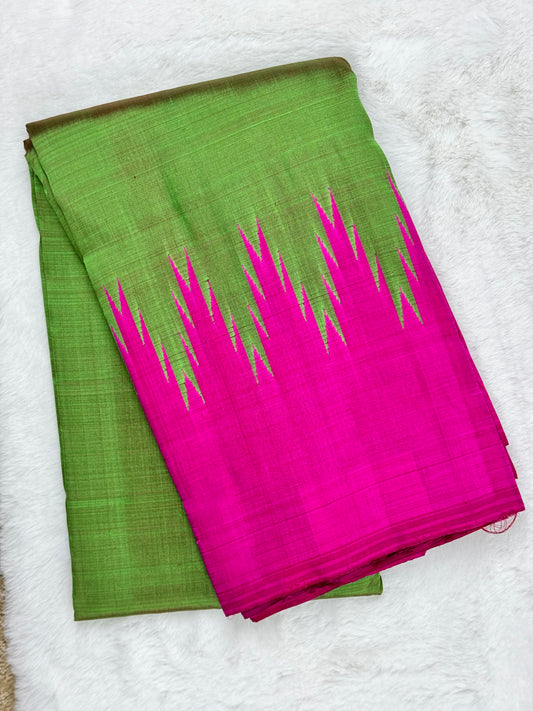 Green with Pink temple border Kanchipuram silk saree