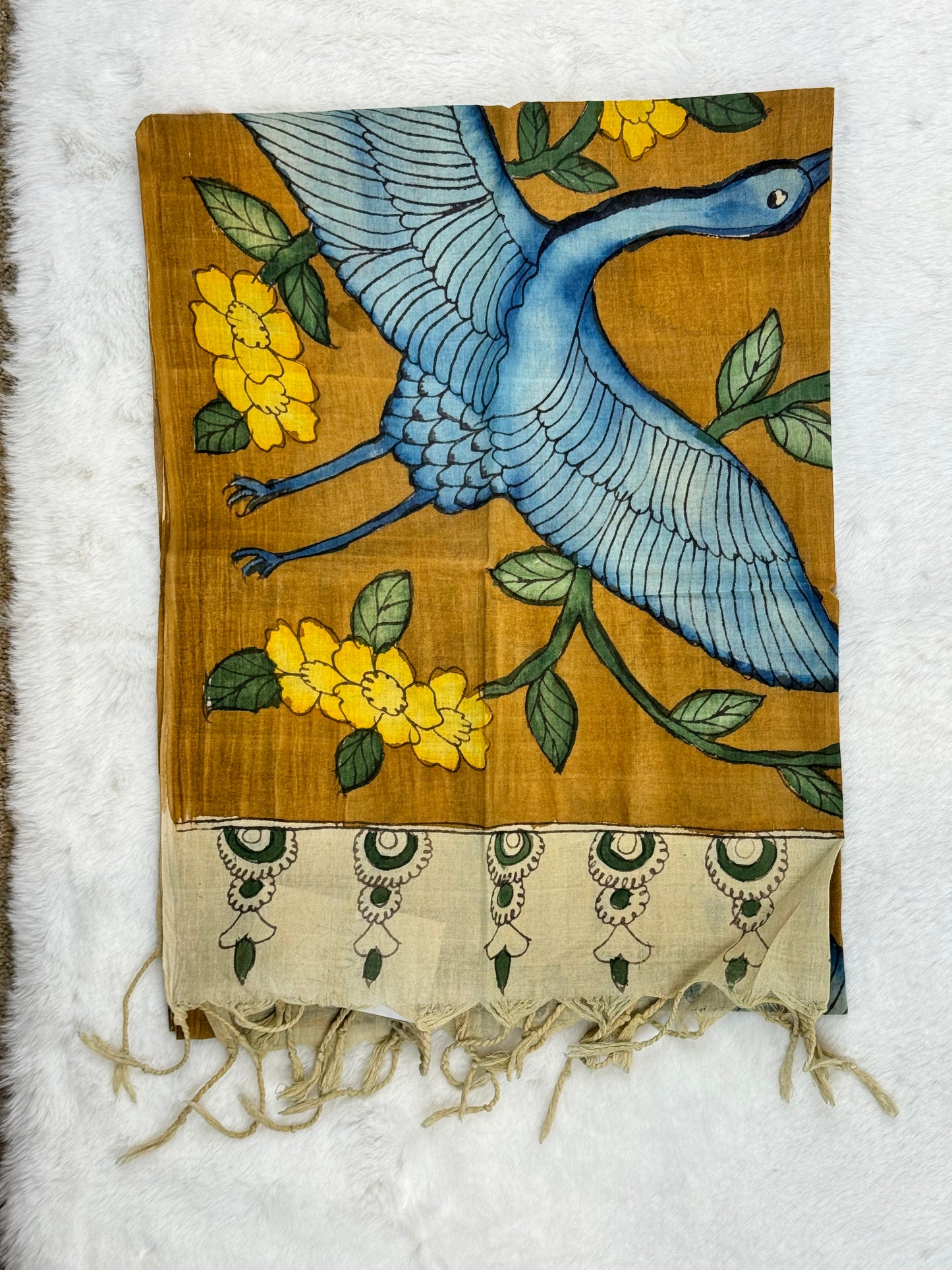 Handpainted Kalamkari Blue Crane Oblong Scarf