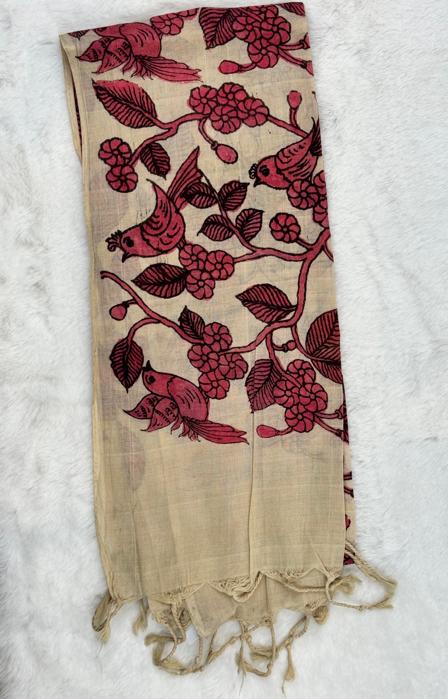 Handpainted Kalamkari cream and red Oblong Scarf