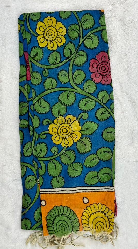 Handpainted Kalamkari Blue and Yellow flower Oblong Scarf