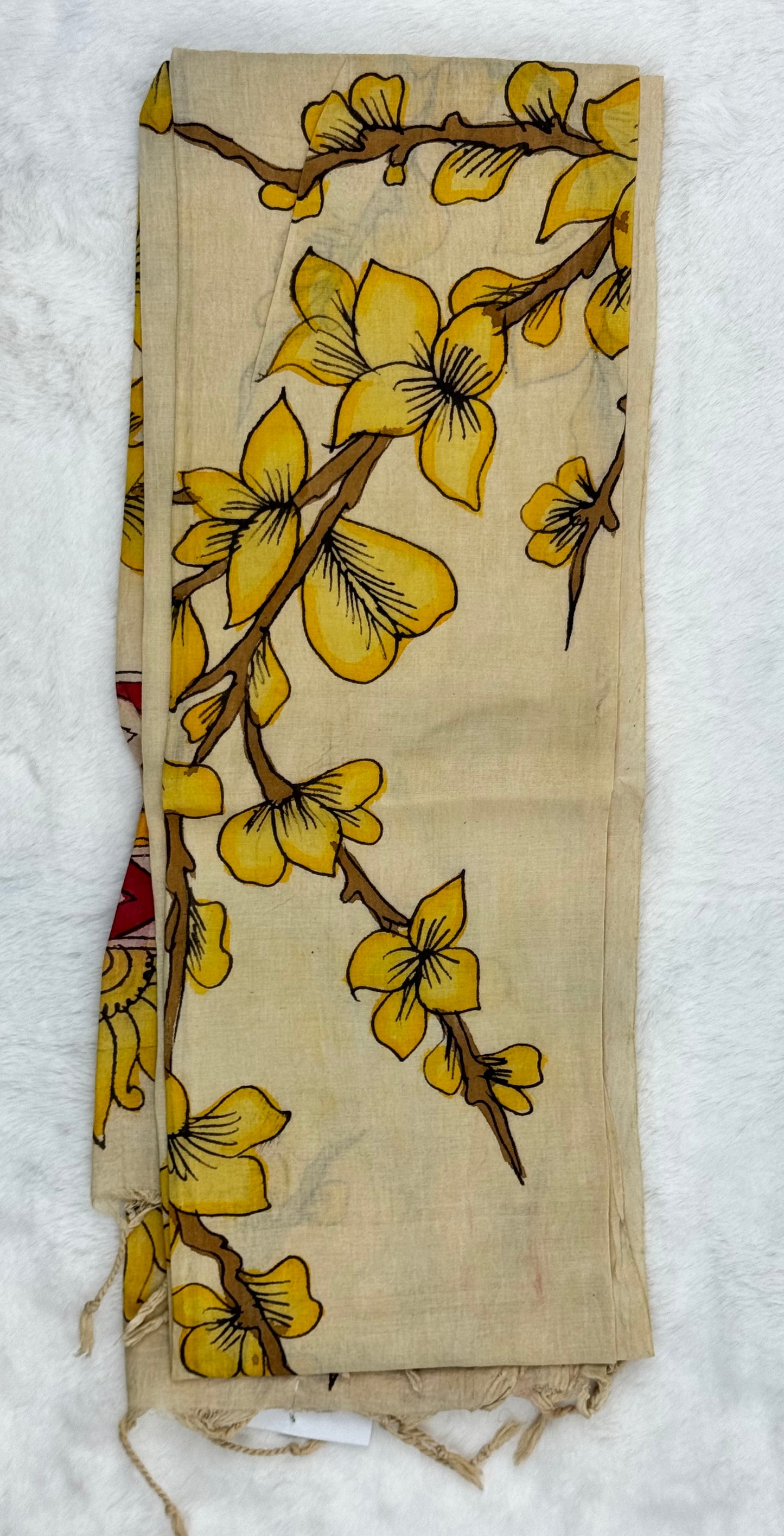 Handpainted Kalamkari Cream and Yellow flower Oblong Scarf