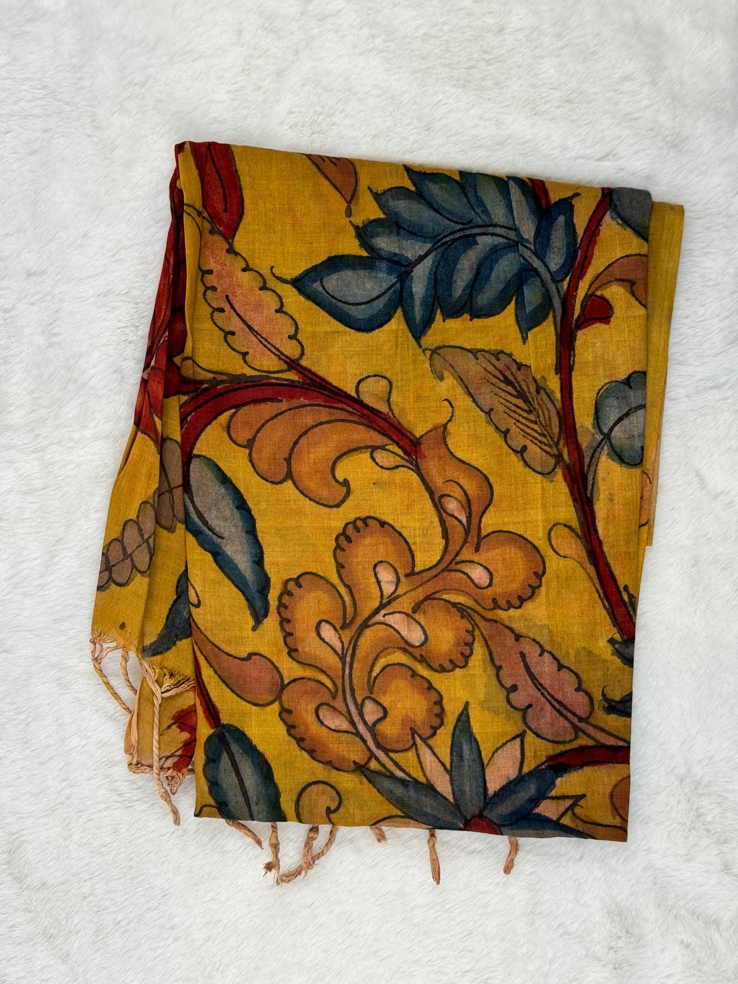 Handpainted Kalamkari yellow and green leaf Oblong Scarf