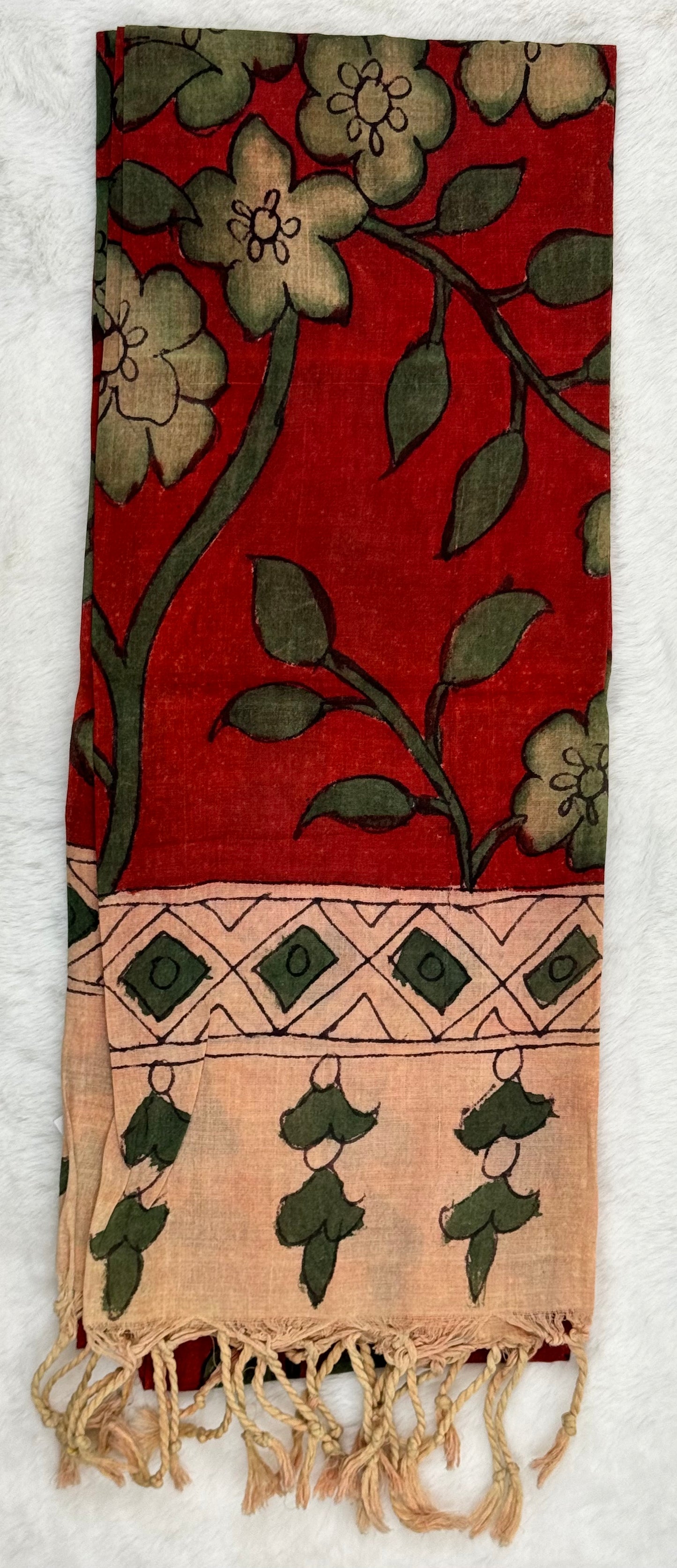 Handpainted Kalamkari red and cream Oblong Scarf