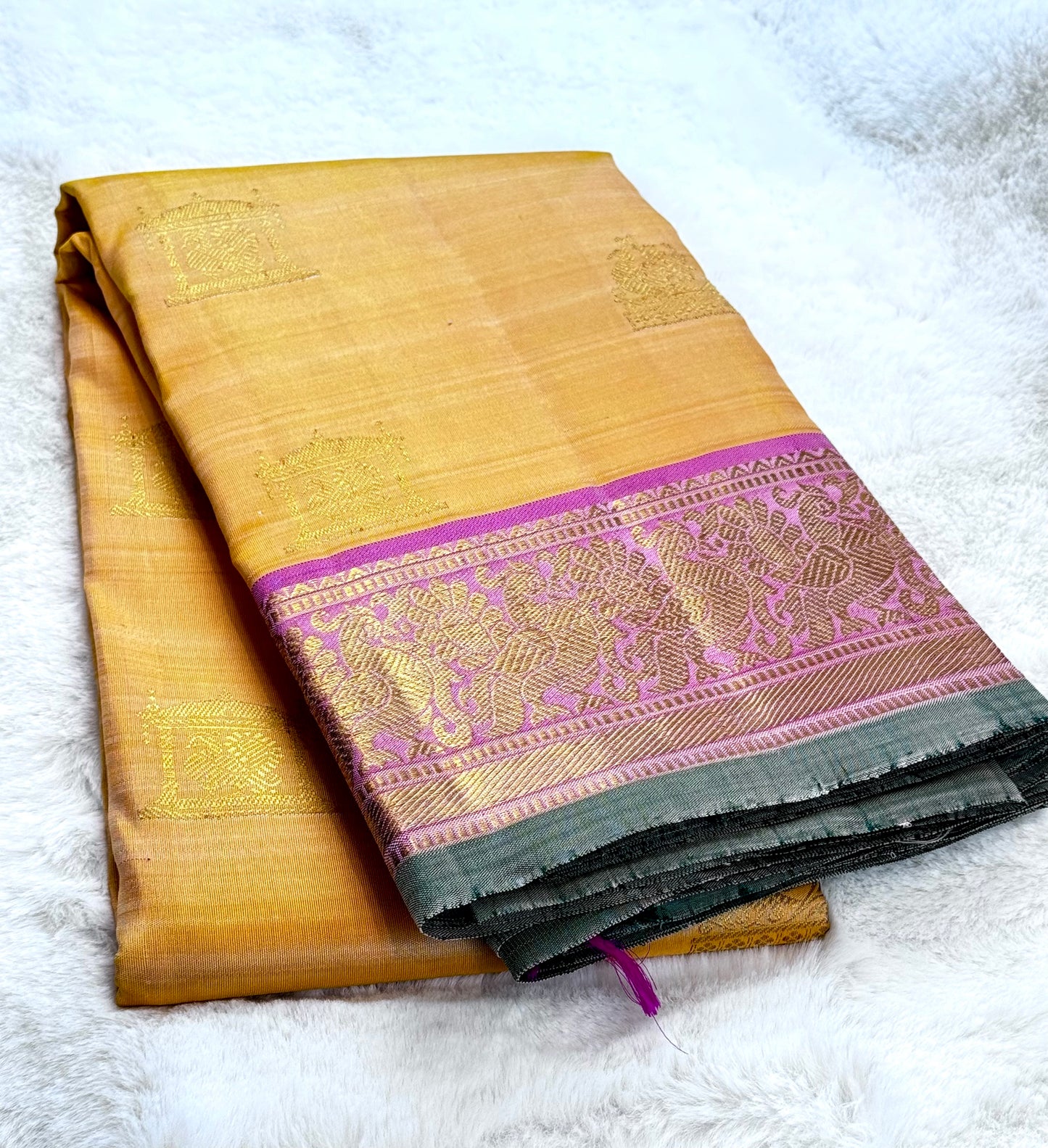 Orange with Pink peacock border Kanchipuram pure zari silk saree