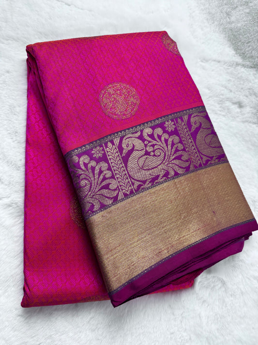 Purple with Small Peacock border Kanchipuram pure zari silk saree