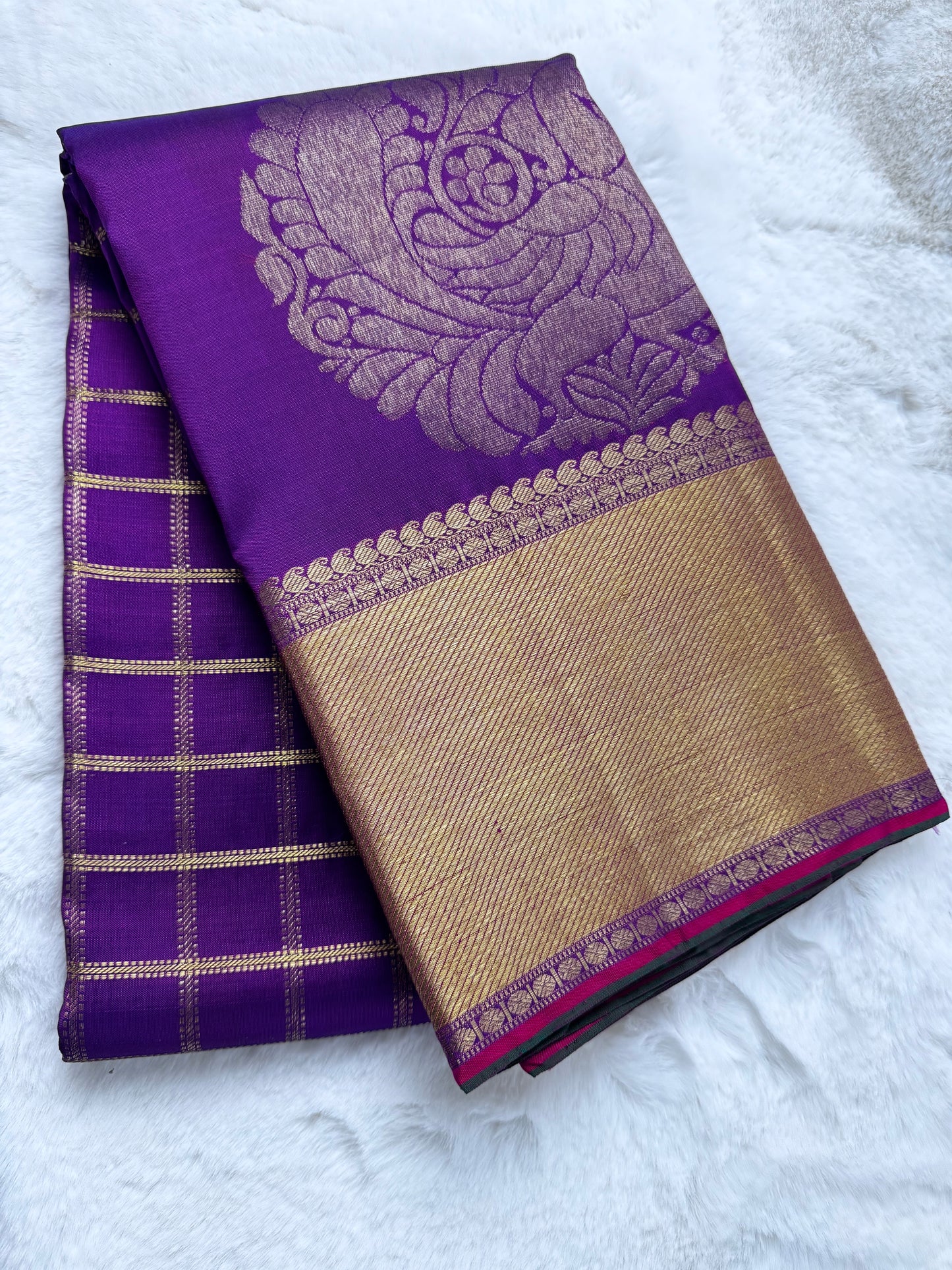 Purple with checks and big peacock border Kanchipuram pure zari silk saree