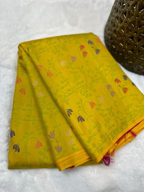 Yellow Kanchipuram pure zari silk saree.