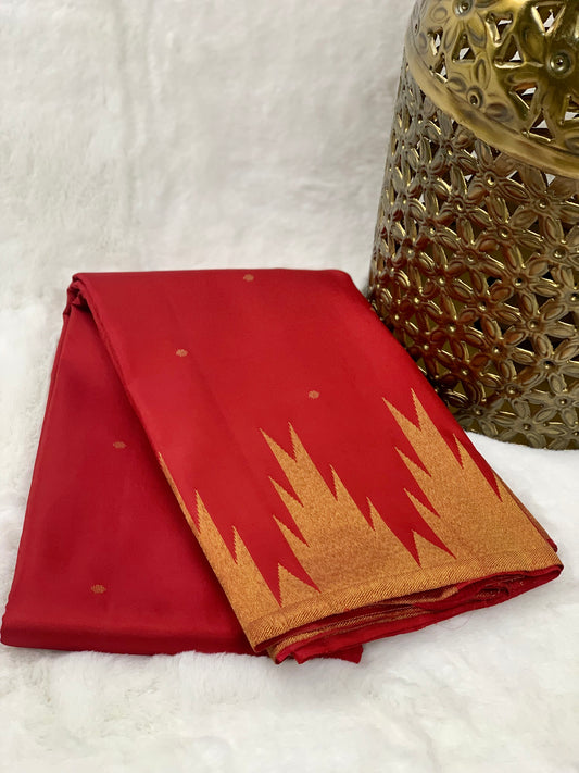 Red Kanchipuram pure zari silk saree with temple border